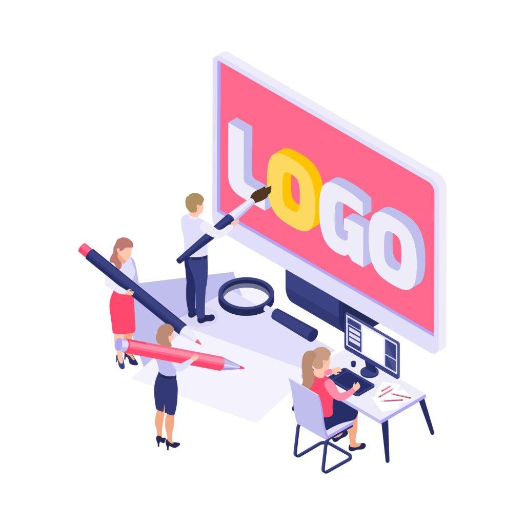 Isometric concept illustration of branding with various elements like logos, colors, and marketing materials.